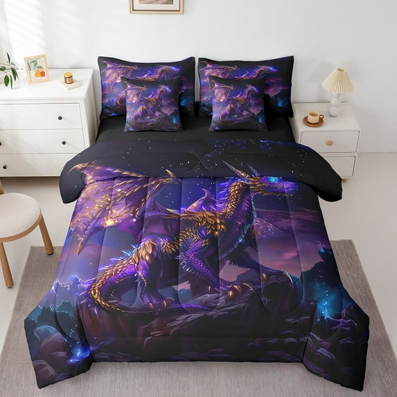 Dragon Bedding Sets Galaxy Starry Bed In A Bag Aesthetic Queen Size Comforter Set Teens Magical Wildlife Animals Fitted Sheet Purple