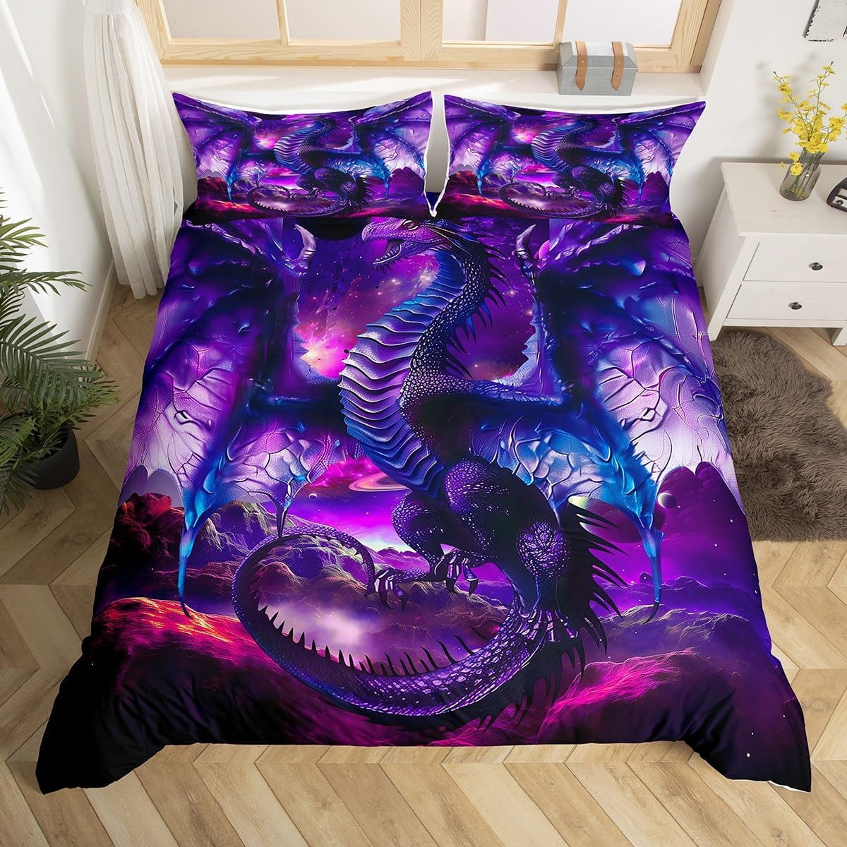 Dragon Bedding Sets for Girls,Vintage Dreamy Blue Dragon Wings