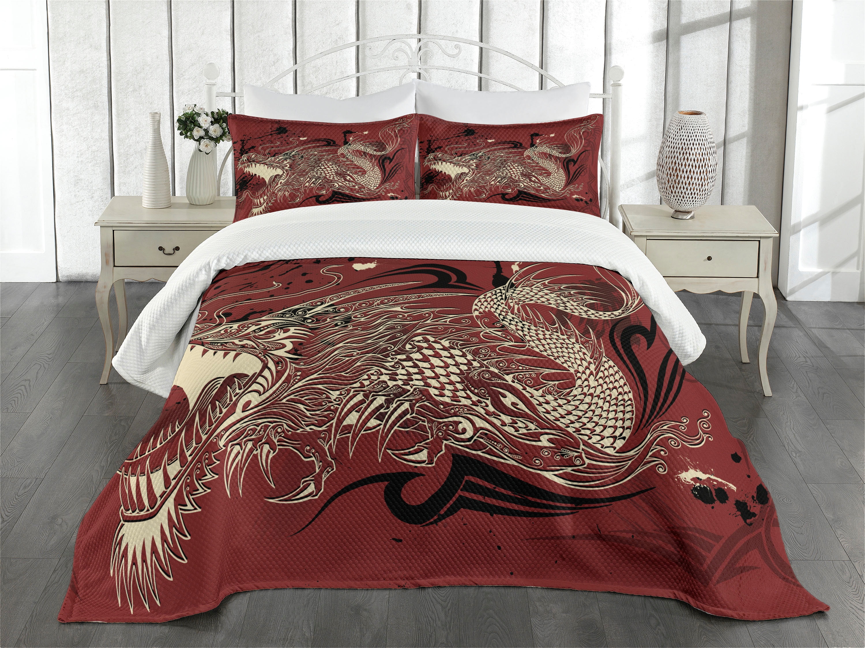 Dragon Bedspread Set King Size, Angry Dragon Doodle on Grunge
