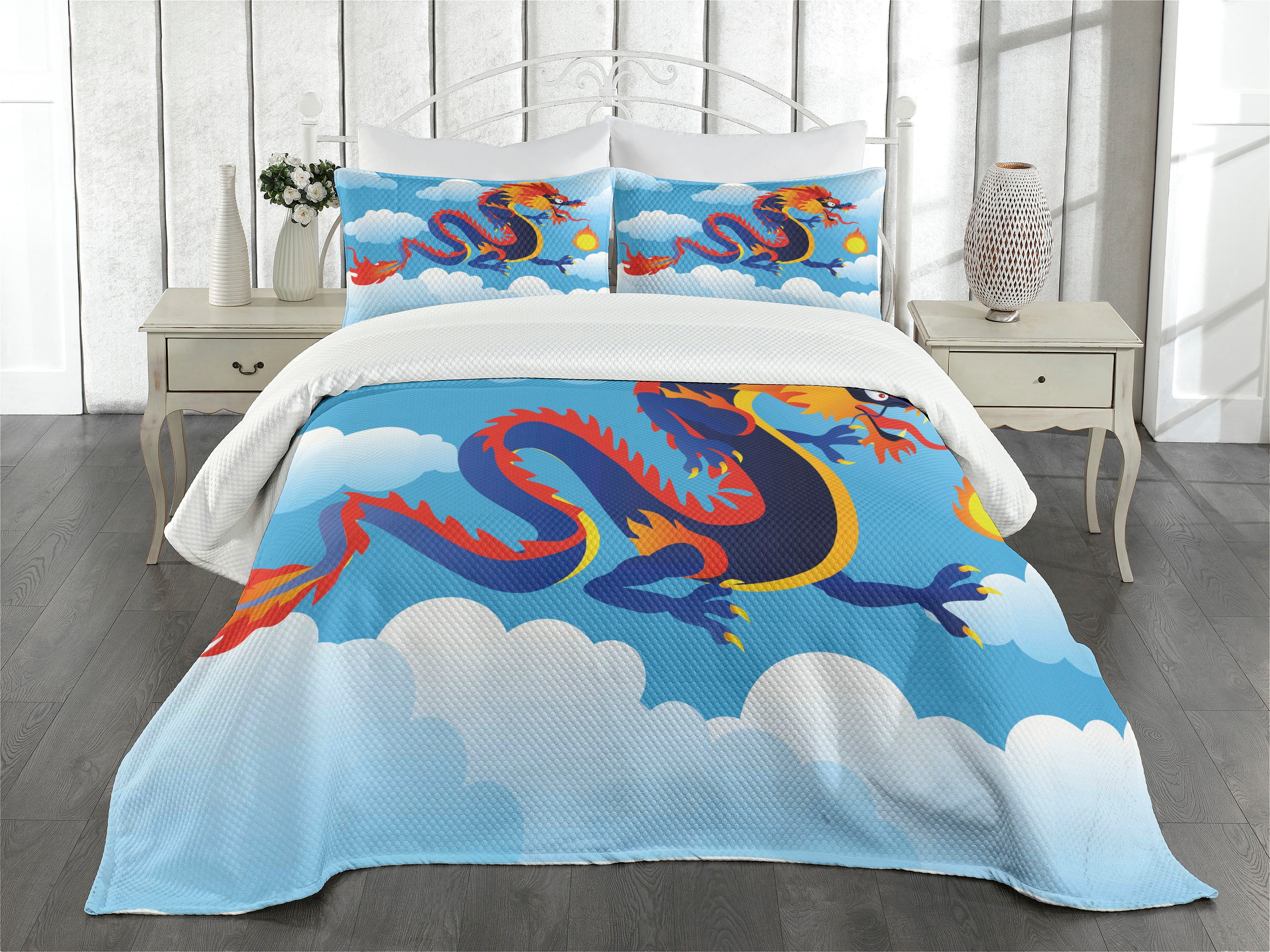 Dragon Bedspread Set King Size, Surreal Folk Tale Creature Spitting