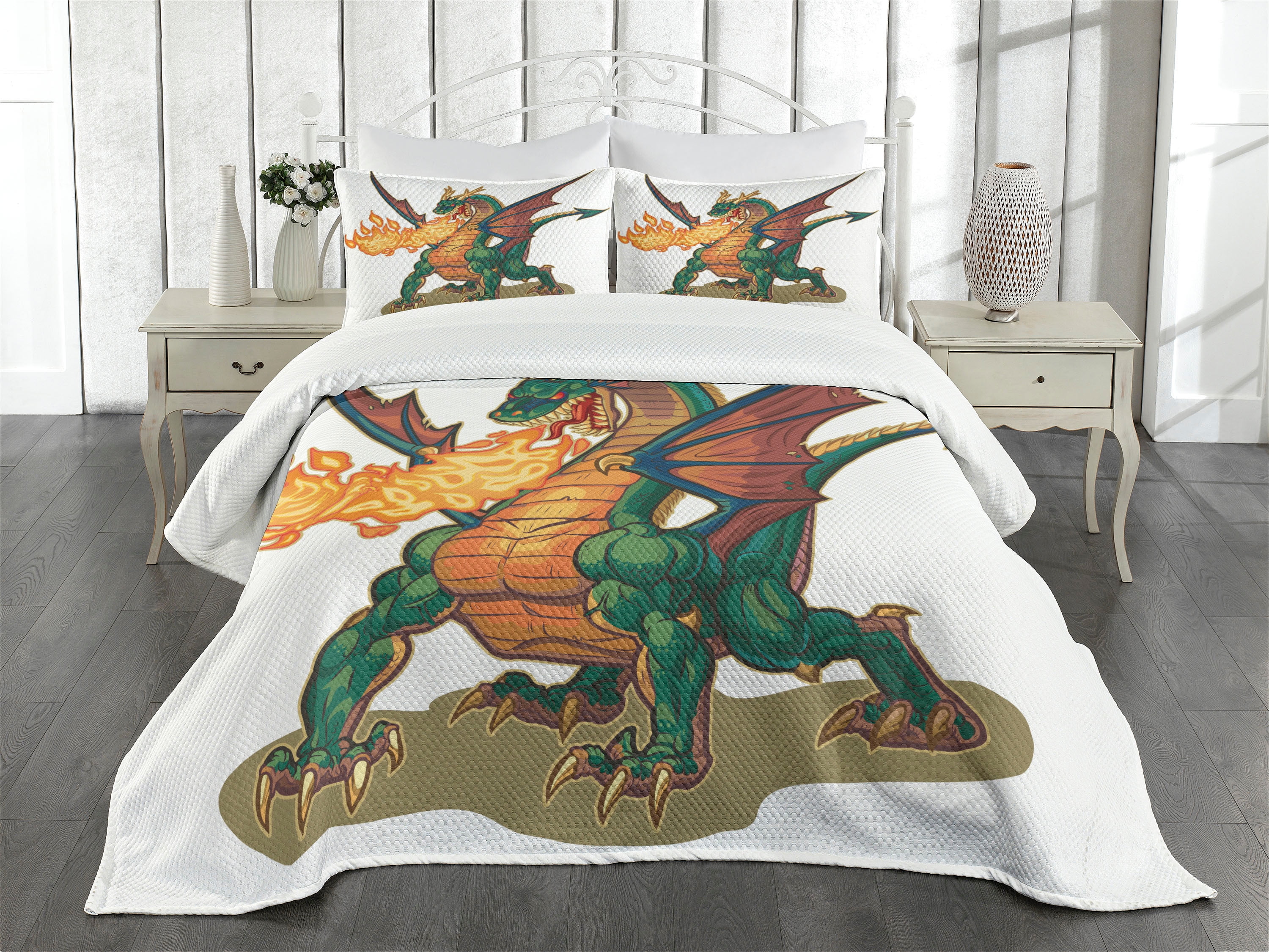 Dragon Bedspread Set Queen Size, Mythical Fire Spitting Monster Dreamy