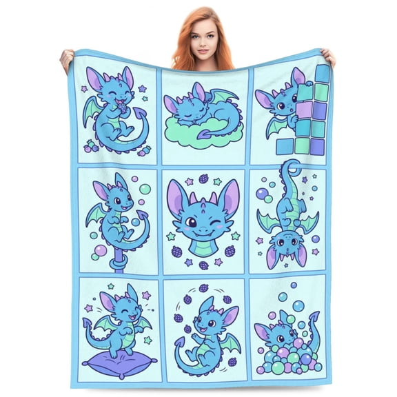 Dragon Blanket, 9-Grid Blue Dragon Flannel Throw, Multiple Poses Soft Fleece Blanket For Couch Sofa Bed, Aesthetic Mythical Decor 50x40