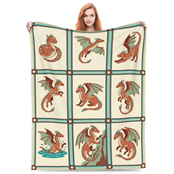 Dragon Blanket, Boho Medieval Dragon Flannel Blanket, Artistic Starry Border Soft Throw For Adults, Unique Dragon Lovers Gift 50x40