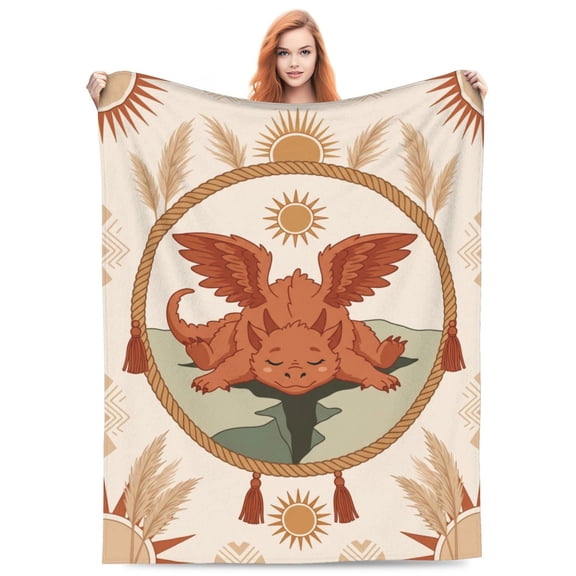 Dragon Blanket, Boho Terracotta Sleeping Dragon Flannel Throw, Soft Fleece Blanket For Couch Sofa Bed, Warm Cozy All-Season Travel Throw 50x40