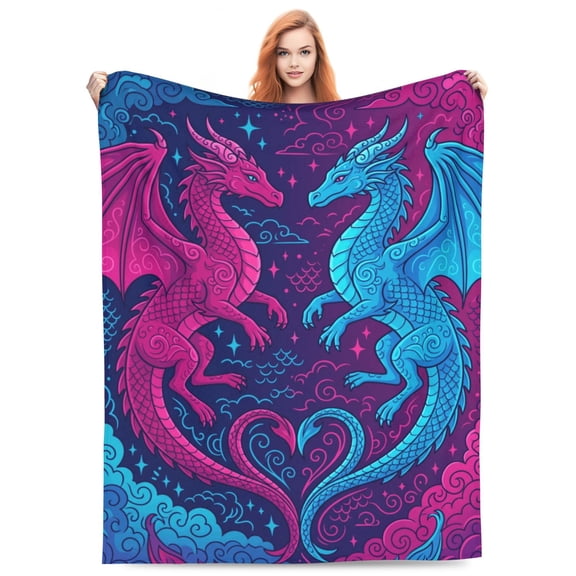 Dragon Blanket, Heart Dragon Couple Flannel Throw, Pink Blue Fantasy Soft Plush Blanket For Adults, Romantic Gift For Couples 80x60