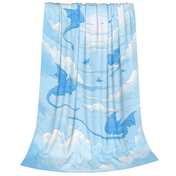 Dragon Blanket, Pastel Blue Clouds Multi Dragon Art, Zen Fleece For Meditation Room And Office Break 50x40