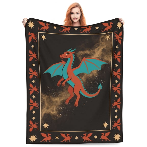 Dragon Blanket, Vintage Mythical Dragon Flannel Throw Blanket, Starry Night Celestial Soft Plush Fleece Blanket For Couch Sofa Bed, Cool Unique Dragon Gifts 50x40