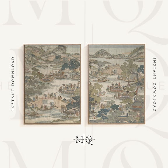 Dragon Boat Festival Vintage Chinoiserie Panel Wall Art Set 2 Unframed Paper Print 8x12