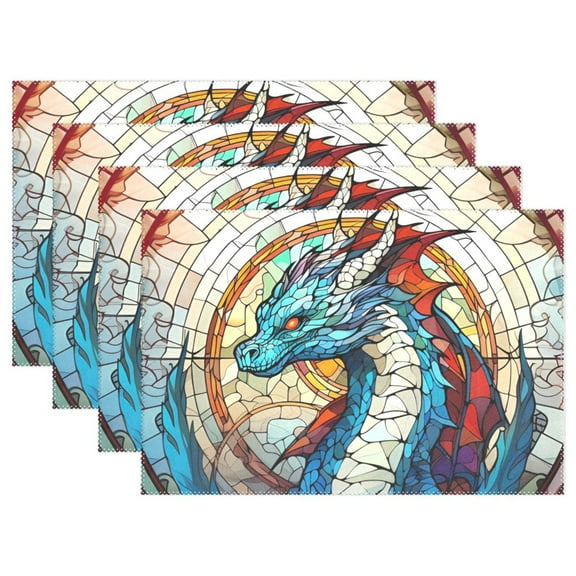 Dragon Bohomia 4 PCs Placemats Set Linen Non-Slip Table Mat Rectangular Washable for Dining Kitchen Party 12"x18"