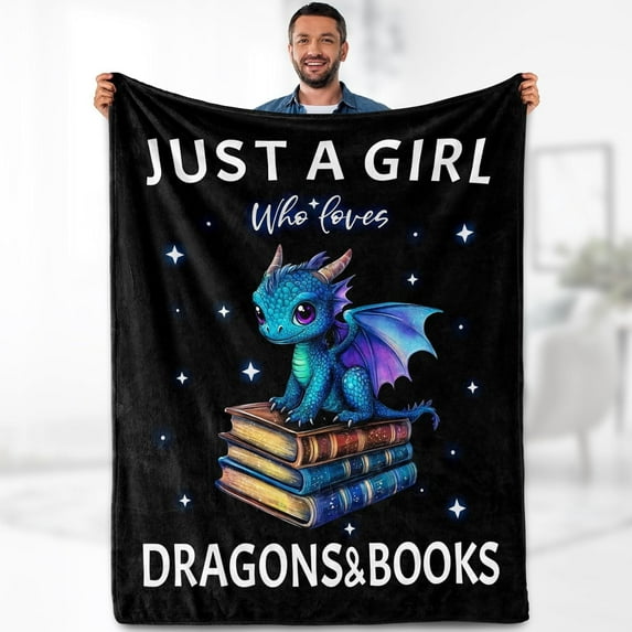 Dragon Book Blanket Gifts for Girl - Just A Girl Who Loves Books Themed Animal Lovers for Woman Kids Adults Soft Fleece Cozy Bed Couch Decor Birthday Christmas Lightweight Blanket 60"x80"