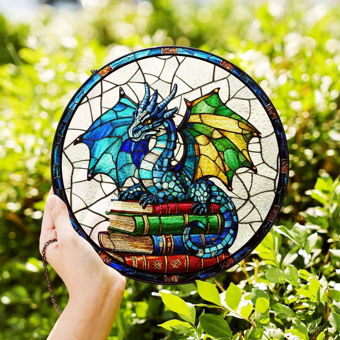 Dragon Book Glass Suncatcher, Fantasy Window Hanging, Mystical Home ...