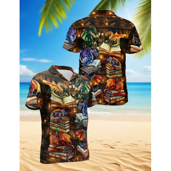 Dragon Book Hawaiian Shirt for Men, Button Down Summer Beach Short Sleeve, S-5XL