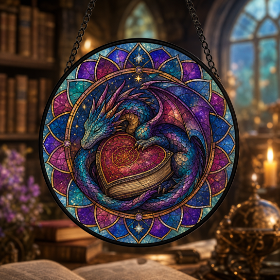 Dragon Book Heart Stained Glass Suncatcher Window Hanging for Fantasy Book Lovers