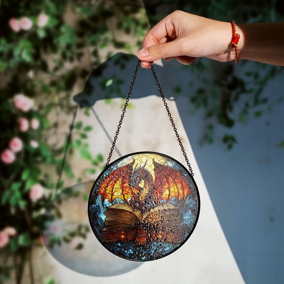Dragon Book Stained Glass Window Hanging - Handmade Sun Catcher, Mystical Dragon Rising from Book Art Panel, Fantasy Home Décor, Magical Gift, Fantasy Story Inspired Wall Ornament