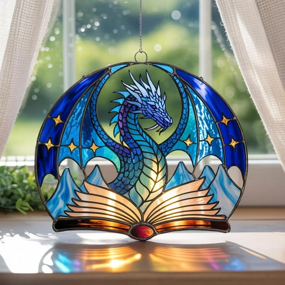 Dragon Book Suncatcher, Stained Glass Fantasy Window Hanging, Dragon ...