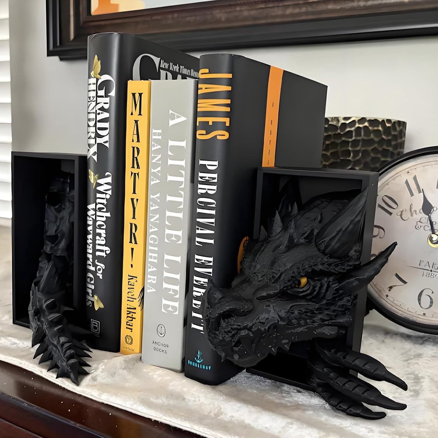 Dragon Bookshelf Decor Gothic Fantasy Bookends Black Animal Statues for ...