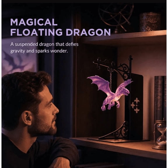 Dragon Bookshelf Lamp, Enchanting Floating Purple Glow Dragon Bookend Light, Weighted Wrought Iron Book Stand Gothic Decor for Bedroom Library Reading Corner