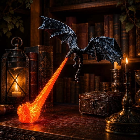 Dragon Bookshelf Nook Light, 3D Printed Fire Breathing Dragon Fantasy Decor for Bookend Shelf, Red Blue Flame