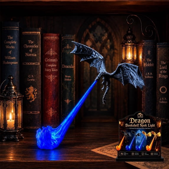 Dragon Bookshelf Nook Light, 3D Printed Fire-Breathing Fantasy Shelf Decor Book Lover Gift Halloween Shelf Display
