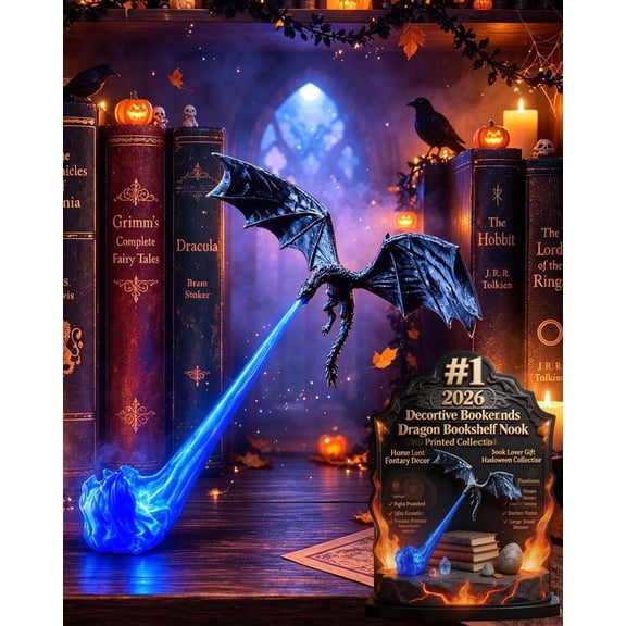 Dragon Bookshelf Nook Light, 3D Printed Fire-Breathing Fantasy Shelf Decor, Flying Dragon Design. Halloween Shelf Display