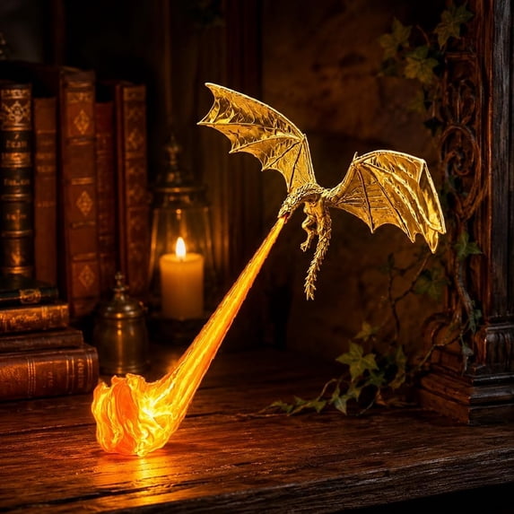 Dragon Bookshelf Nook Light, 3D Printed Fire-Breathing Fantasy Shelf Decor | Flying Dragon Design | Red or Blue Flame | Large & Small Options | Book Lover Gift | Halloween Shelf Display