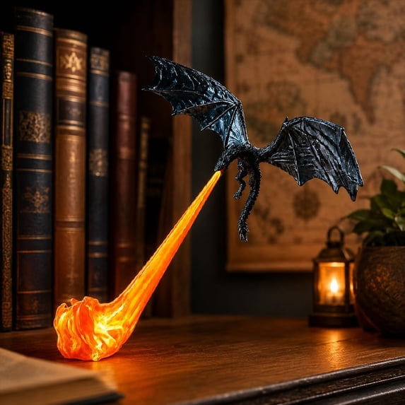 Dragon Bookshelf Nook Light, 3D Printed Fire-Breathing Fantasy Shelf Decor | Flying Dragon Design | Red or Blue Flame | Large & Small Options | Book Lover Gift | Halloween Shelf Display