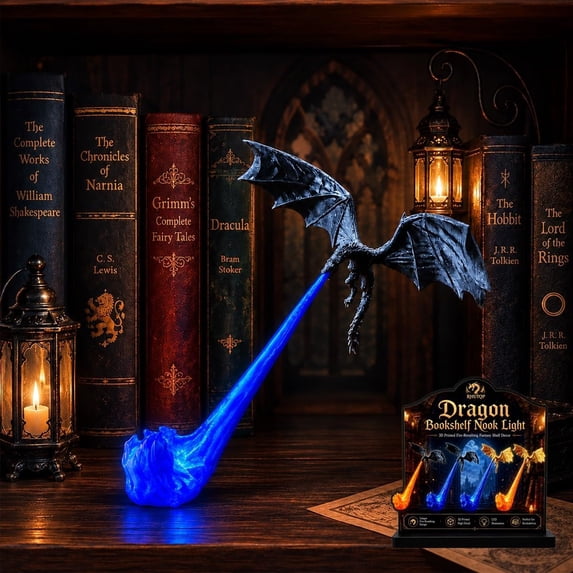 Dragon Bookshelf Nook Light, 3D Printed Fire-Breathing Fantasy Shelf Decor | Flying Dragon Design | Red or Blue Flame | Large & Small Options | Book Lover Gift | Halloween Shelf Display
