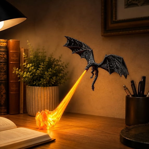 Dragon Bookshelf Nook Light, 3D Printed Fire-Breathing Fantasy Shelf Decor | Flying Dragon Design | Red or Blue Flame | Large & Small Options | Book Lover Gift | Halloween Shelf Display