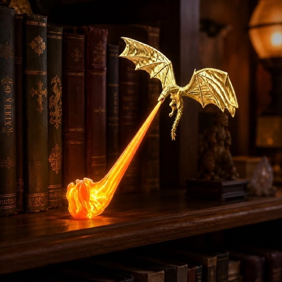 Dragon Bookshelf Nook Light, 3D Printed Fire-Breathing Fantasy Shelf Decor | Flying Dragon Design | Red or Blue Flame | Large & Small Options | Book Lover Gift | Halloween Shelf Display
