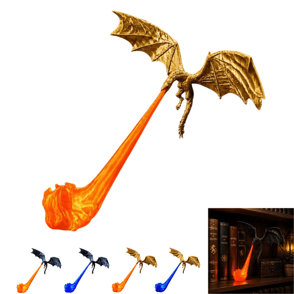 Dragon Bookshelf Nook Light, 3D Printed Fire-Breathing Fantasy Shelf Decor, Flying Dragon Design, Red & Blue Flame, For Reading Corner, Book Lover Gift