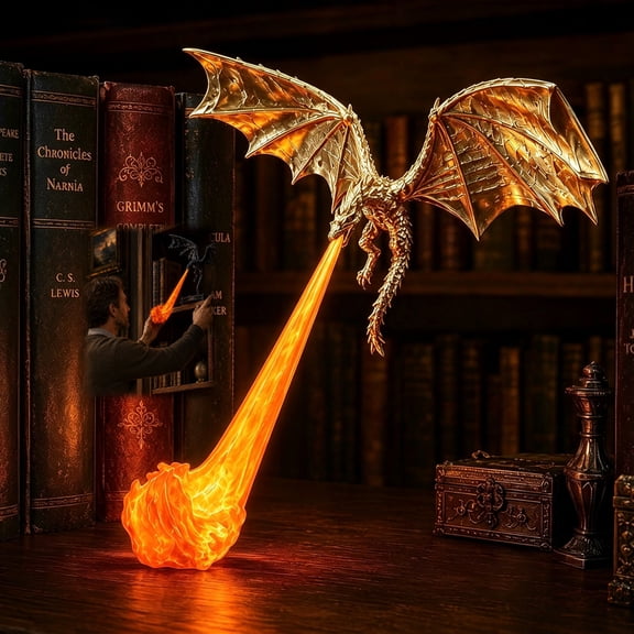 Dragon Bookshelf Nook Light, 3D Printed Flying Dragon Shelf Decor with Flame Effect, | Large & Small Options | Red or Blue Fire Dragon Decoration, Book Lover Gift