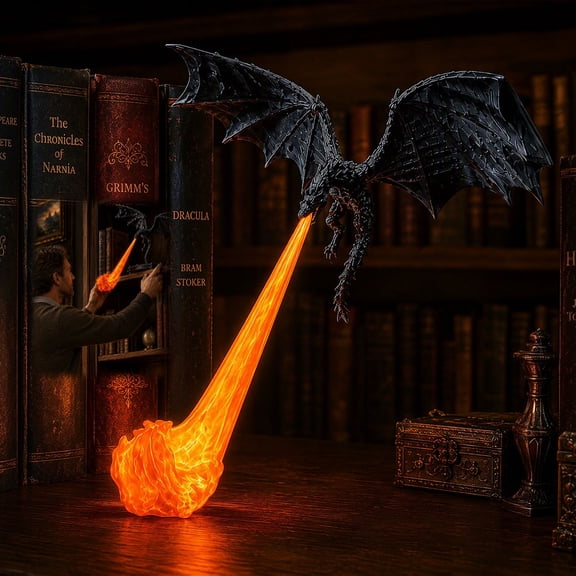 Dragon Bookshelf Nook Light, 3D Printed Flying Dragon Shelf Decor with Flame Effect, | Large & Small Options | Red or Blue Fire Dragon Decoration, Book Lover Gift