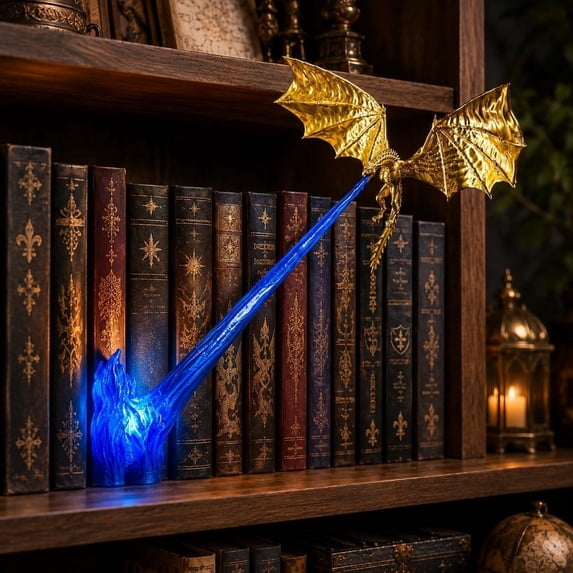 Dragon Bookshelf Nook Light, Flying Dragon Flame Book Nook Decor, Lighted Dragon Sculpture Ornament, Resin Dragon Statue for Bookcase Corner, Fantasy Home Desktop Wall Decor, Creative Holiday Gift #N
