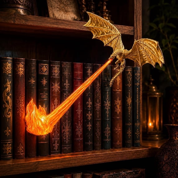 Dragon Bookshelf Nook Light, Flying Dragon Flame Book Nook Decor, Lighted Dragon Sculpture Ornament, Resin Dragon Statue for Bookcase Corner, Fantasy Home Desktop Wall Decor, Creative Holiday Gift #J