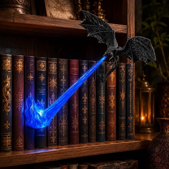 Dragon Bookshelf Nook Light, Flying Dragon Flame Book Nook Decor, Lighted Dragon Sculpture Ornament, Resin Dragon Statue for Bookcase Corner, Fantasy Home Desktop Wall Decor, Creative Holiday Gift #E