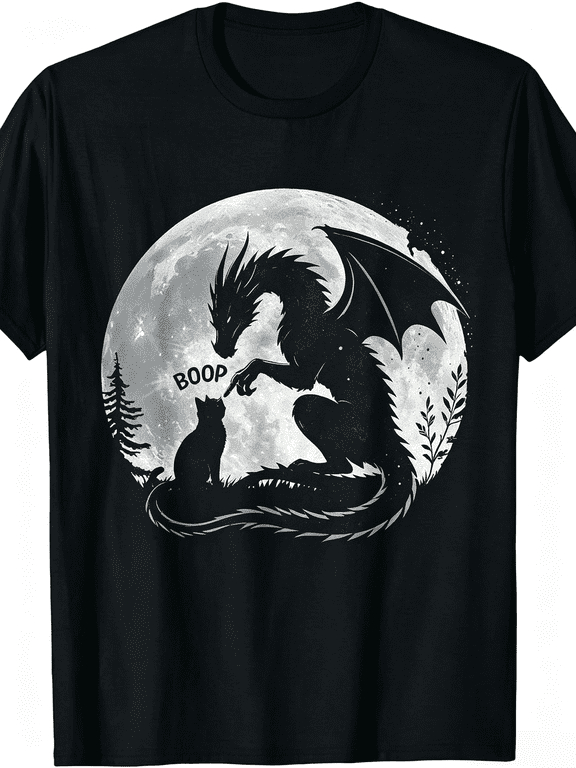 Dragon Boop Cat Under Full Moon Funny Cute Fantasy Night Funny Crew Neck Tee with Stylish Print Casual