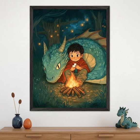 Dragon Boy Campfire Fantasy Forest Wall Decor Unframed Paper Print