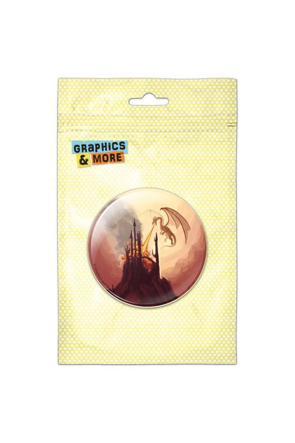 Dragon Breathing Fire Castle Ruins Pinback Button Pin Badge