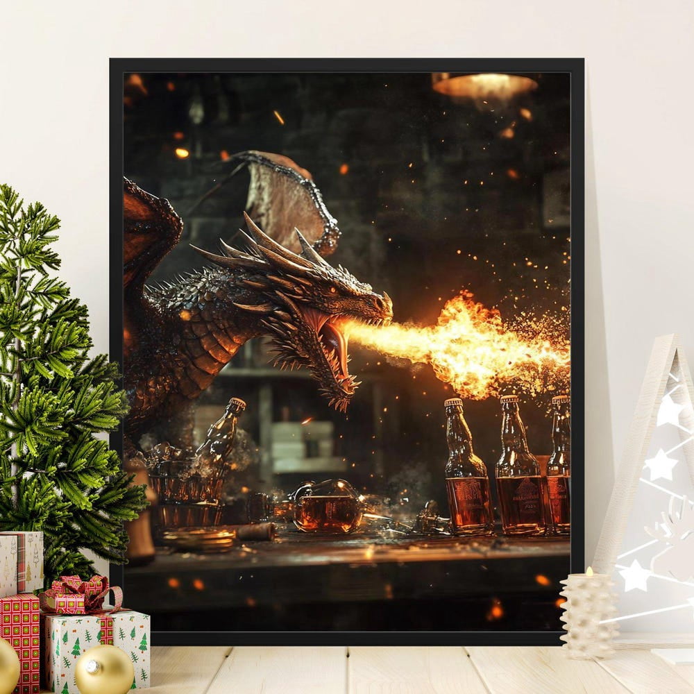 Dragon Breathing Fire Poster, Wall Art Decor, Mythical Creature Artwork ...