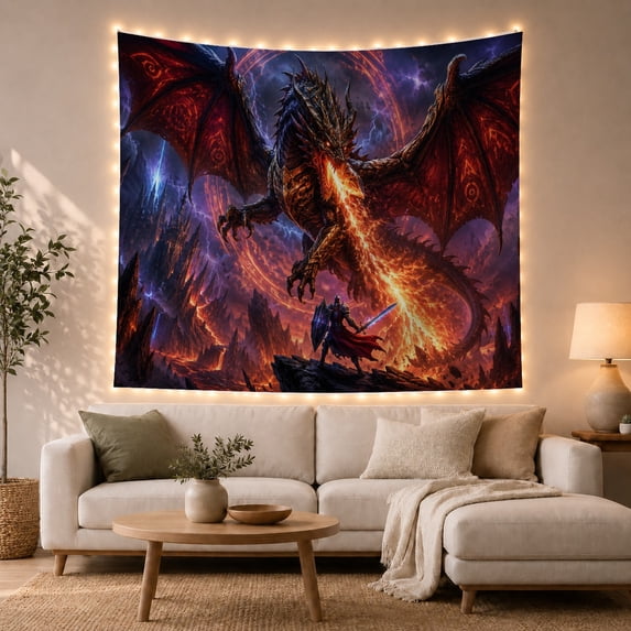 Dragon Breathing Fire Toward Knight on Volcanic Cliffs, Dramatic Fantasy for Fantasy Art Lovers, Action Scene Wall Art Decor, Halloween Gift Tapestry Wall Hanging for Bedroom and Living Room