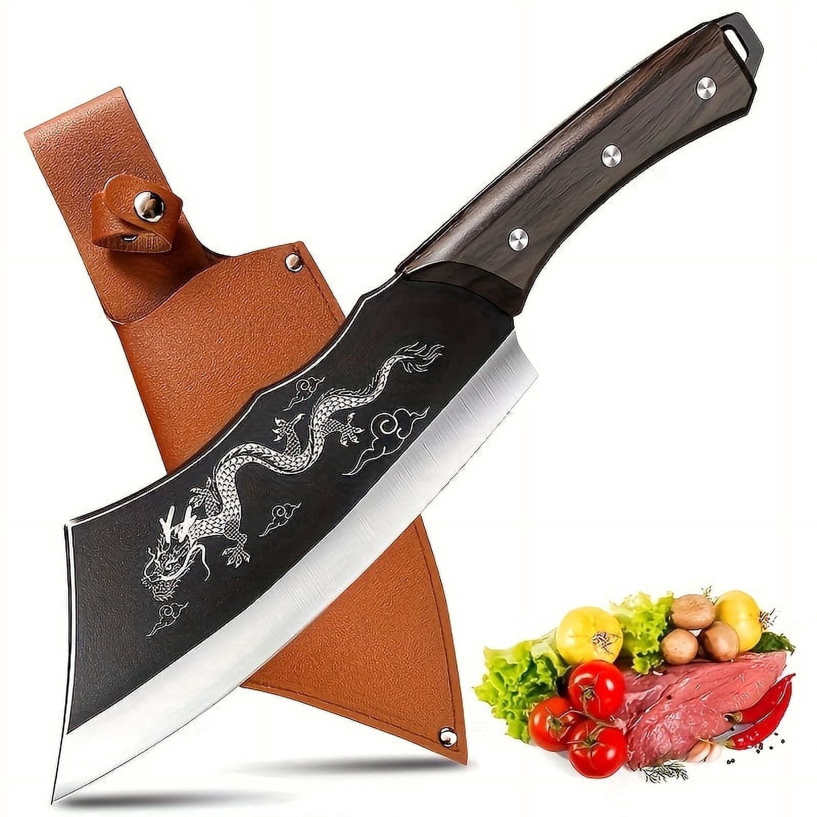 Dragon Butcher Knife, Heavey Duty Cleaver Knife for Meat Bone Cutting, 8 inch Cool Big Viking Camping Chopper Cutter with Sheath