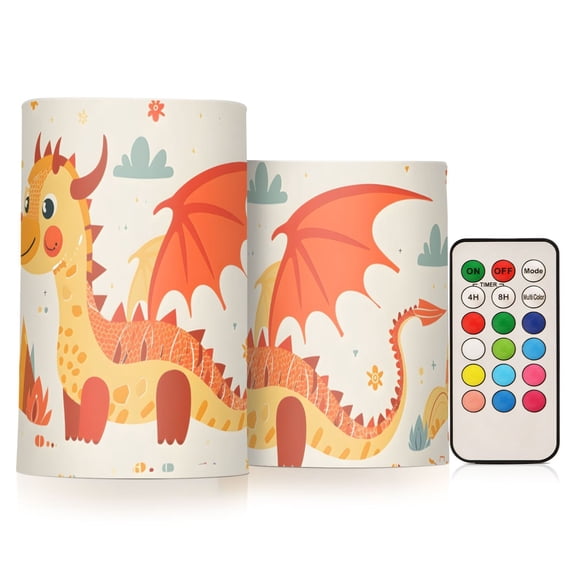 Dragon Cartoon Style Flickering Flameless Candles LED Tealight Battery Operated with Remote Set of 2 Holiday Decor Ornaments