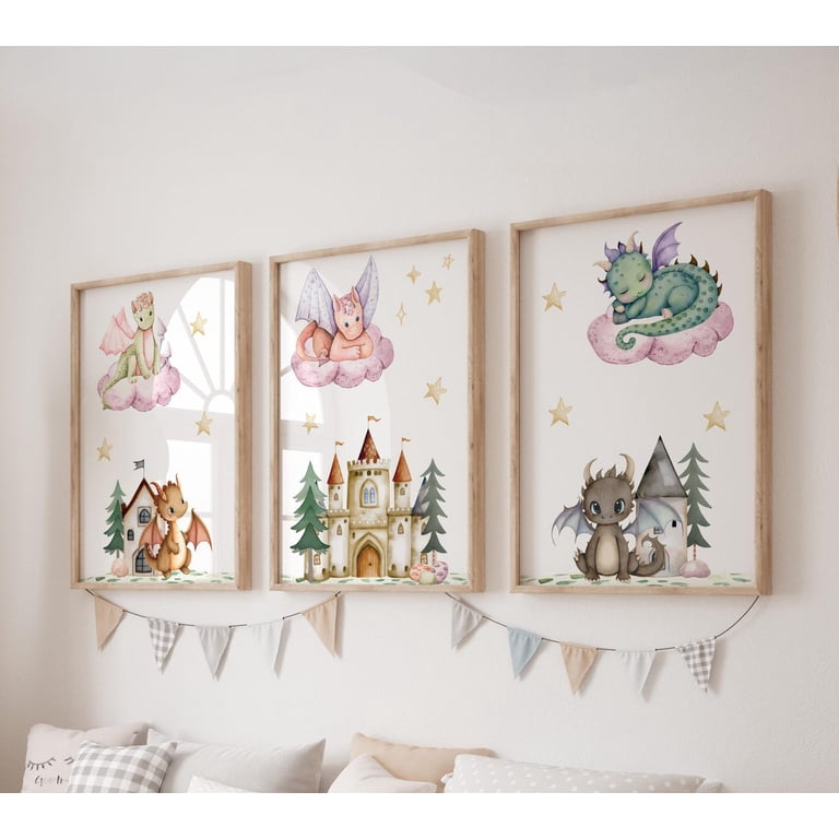 Dragon Castle And Star Prints Set Of 3, Fantasy Girls Nursery Wall Art ...
