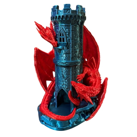 Dragon Castle Dice Tower 3D Printed Fantasy Dice Roller with Built-In Catch Tray Blue Phantom and Red