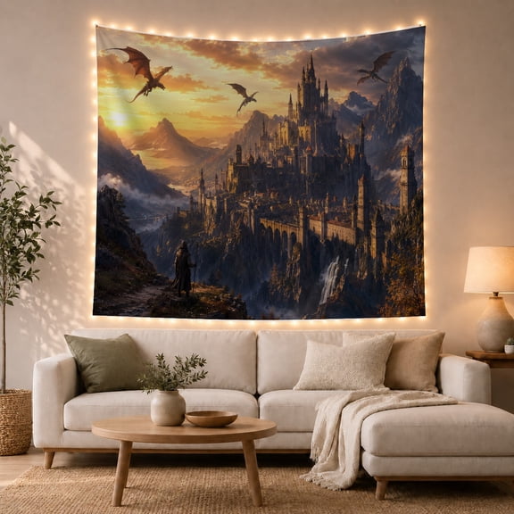 Dragon Castle On Sheer Cliffs At Sunset, Dramatic Fantasy Style for Dragon Lovers, Medieval Wall Art, Birthday Gift Tapestry Wall Hanging for Bedroom and Gaming Room