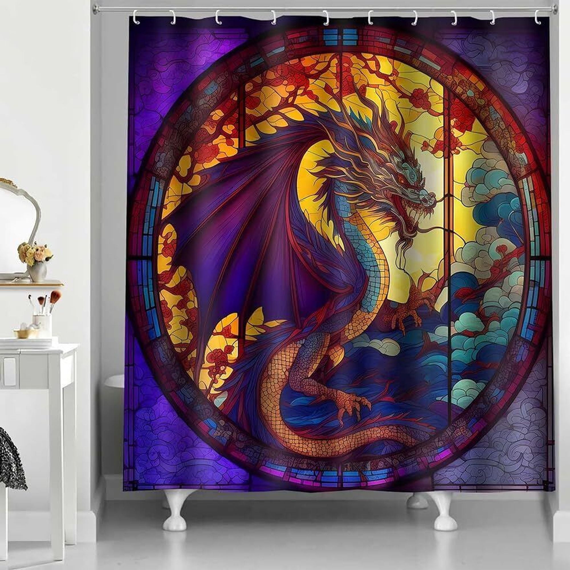 Dragon & Cherry Blossom Stained Glass Shower Curtain Japanese Sea Wave