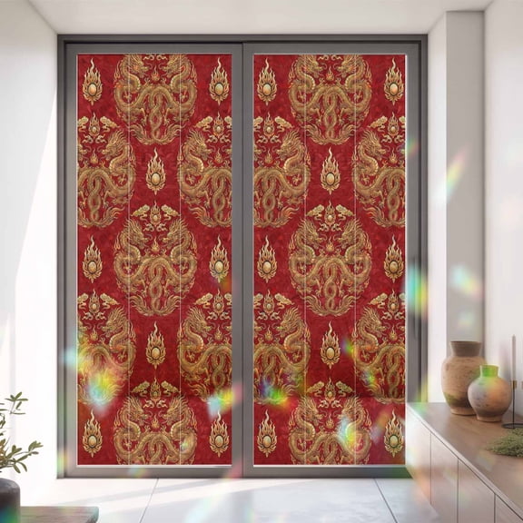 Dragon Chinese New Year Window Privacy Film,Decorative Windows Static Cling Vintage Red Backdrop Heat Control Removable Glass Sticker for Home Bathroom Bedroom Window Door,35x79in