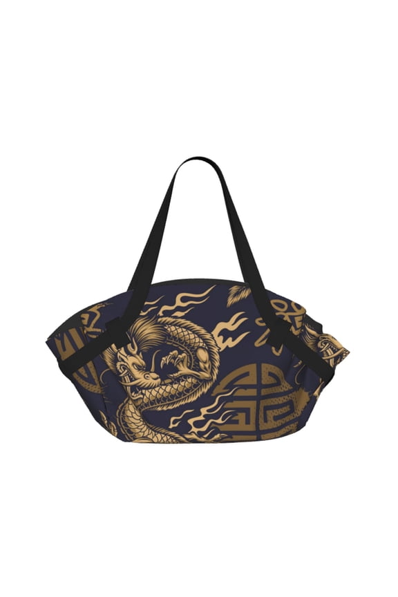 Dragon Chinese Style Chinoiserie 2-in-1 Foldable Picnic Blanket Tote Bag Shoulder Handbag, Large Circular Outdoor Mat for Beach Camping Park