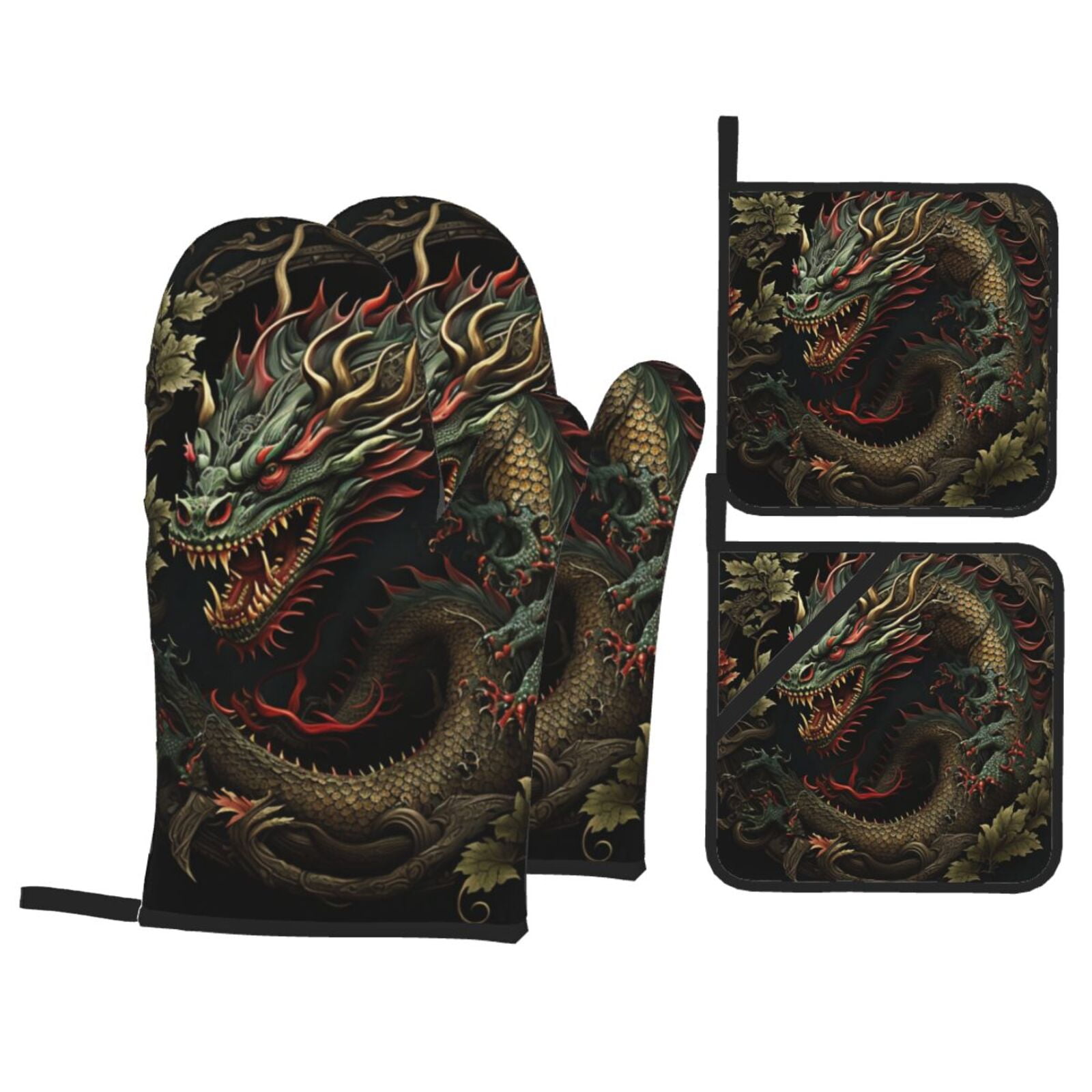 Dragon Chinese Style Chinoiserie Art Cool 4Pcs Oven Mitts and Pot Holders Sets Oven Kitchen Gloves Hot Pads for Cooking BBQ Baking Grilling