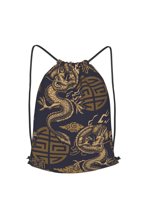 Dragon Chinese Style Chinoiserie Drawstring Backpack Gym String Bag Sports Sackpack Cinch Sack, Small